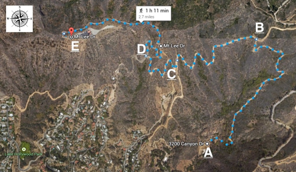 Map to Hollywood Sign from Bronson Canyon
