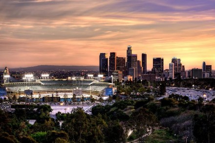 Dodger Stadium and the Downtown Los Angeles Skyline