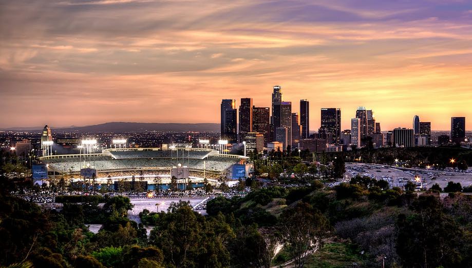 Dodger Stadium and the Downtown Los Angeles Skyline