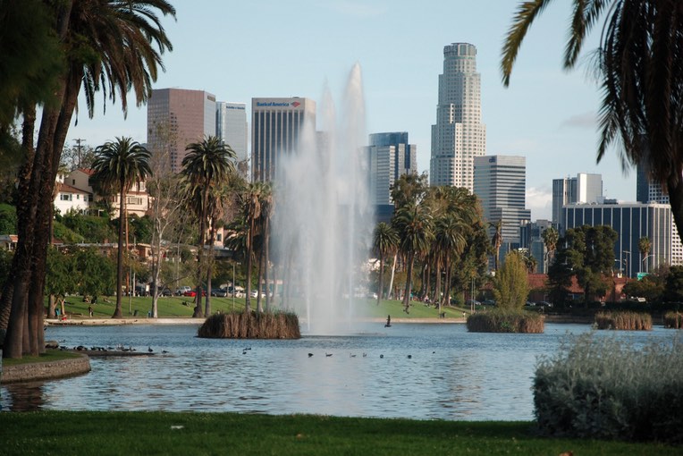 Echo Park Lake and Downtown Los Angeles