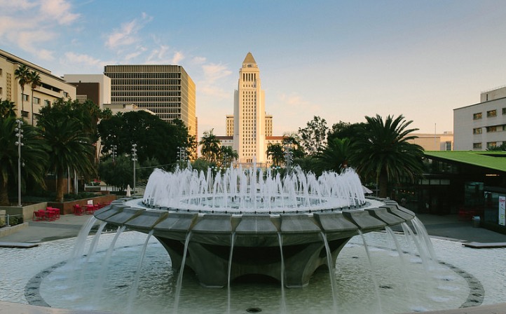 Grand Park fountain with City Hall