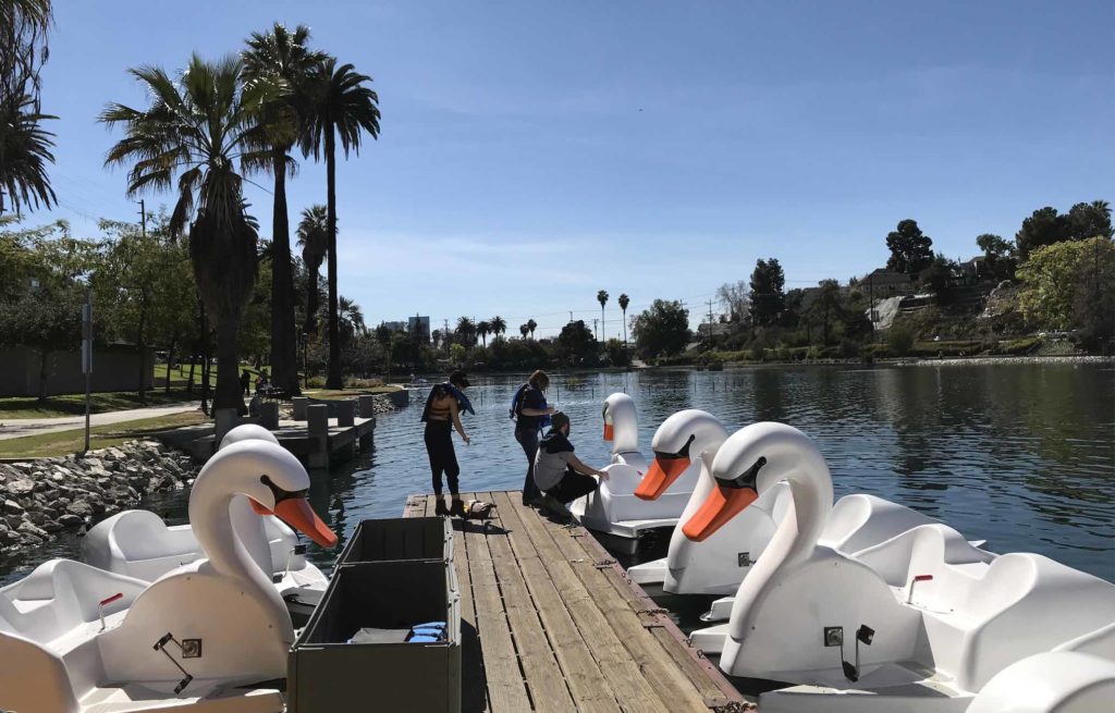 Swan boat prep Echo Park Lake