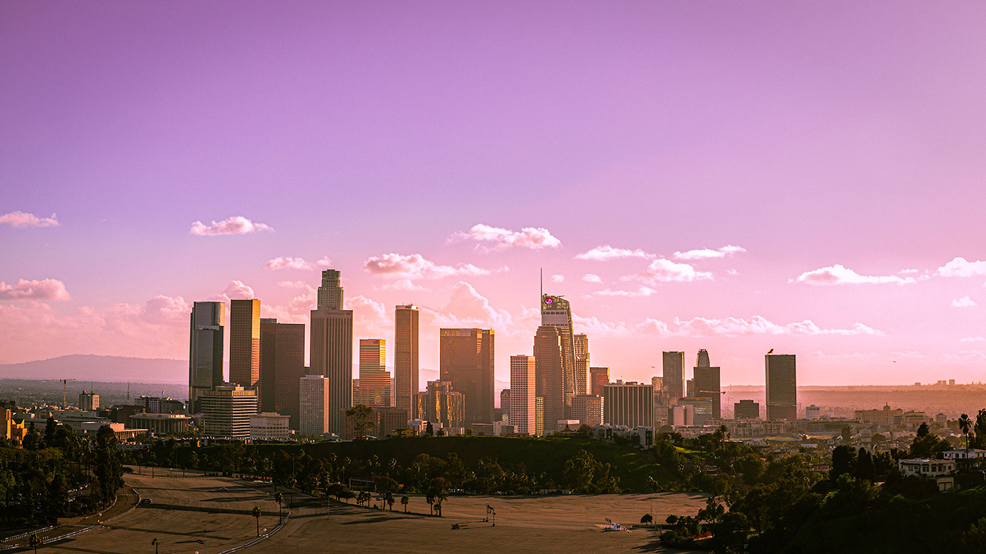 Downtown Los Angeles skyline during sunset