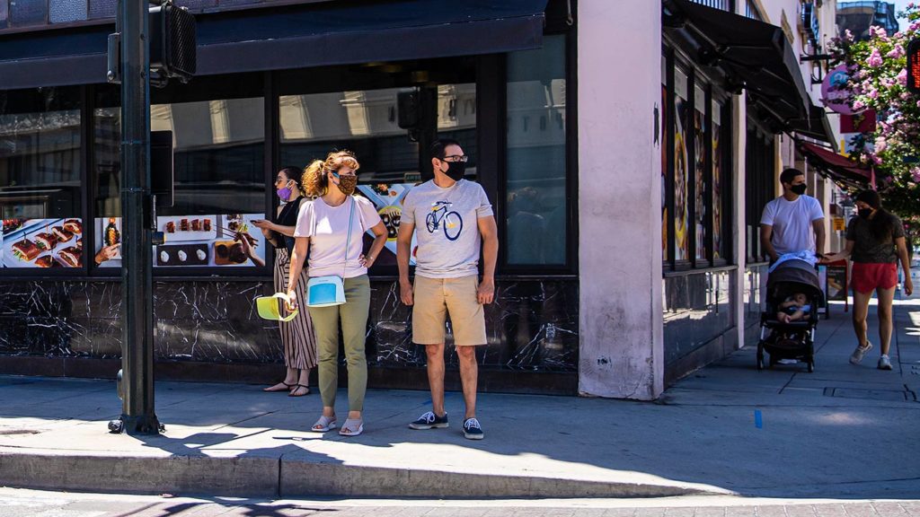 People wearing masks in Old Town Pasadena