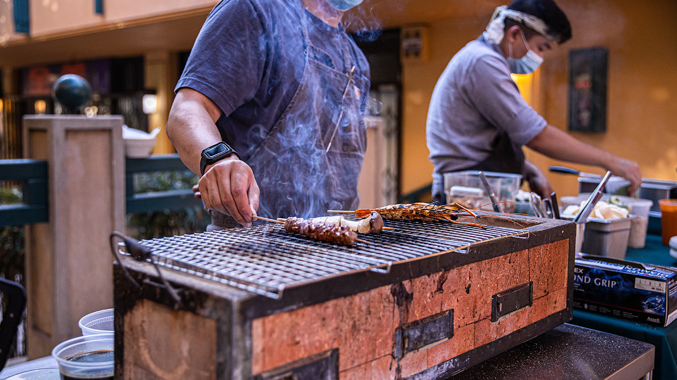 Skewers cooking on a Konro grill at Steep After Dark